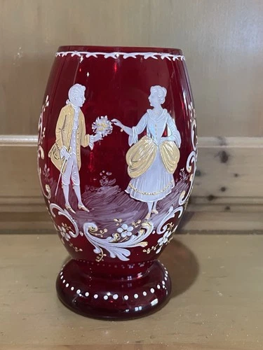 Vintage Fenton Ruby Red Hand-painted Romantic Couple Decorative Glass Vase.