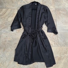 Unbranded Women Black Satin Robe Kimono Style OS Tie Waist Loungewear