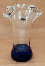 Beranek Czech Art Glass Vase Blue Polished Bottom Clear Ruffled Top 6" tall