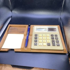 Vintage Wood Pen Holder and digital calculator Desk Set Northern Telecom 1984