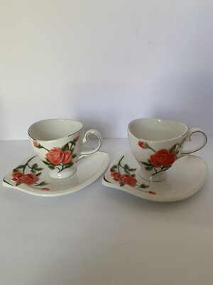 Set Of 2 Biev Tea/ Coffee Cups And Saucer s, Silver leaf trim, Beautiful!