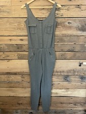 Women's Gray Sleeveless Utility Jumpsuit Zip Pockets Elastic Waist Tapered Leg S