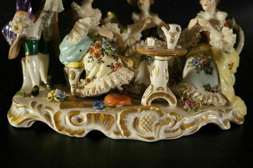 Antique Dresden VOLKSTEDT Porcelain Figurine Group Tea Time Three Lady One Man - Picture 7 of 8