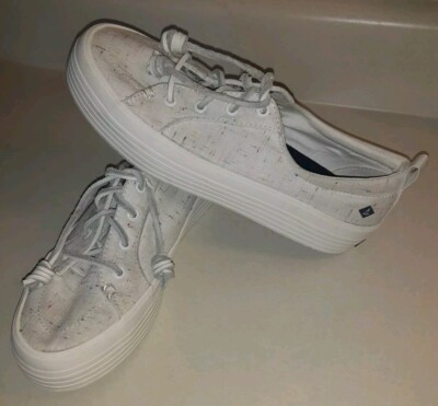 Sperry Womens Shoes Top Sider Sneaker 6.5 Linen White W/Colorful Speckles Casual