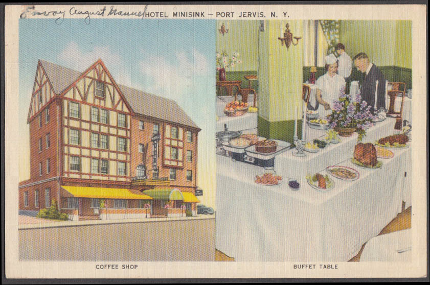 Coffee Shop & Buffet Table Hotel Minisink Port Jervis NJ postcard 1942