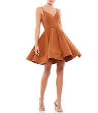 New Ieena Mac Duggal V-Neck Sleeveless Fit and Flare Mini Dress Carmel Sz 12