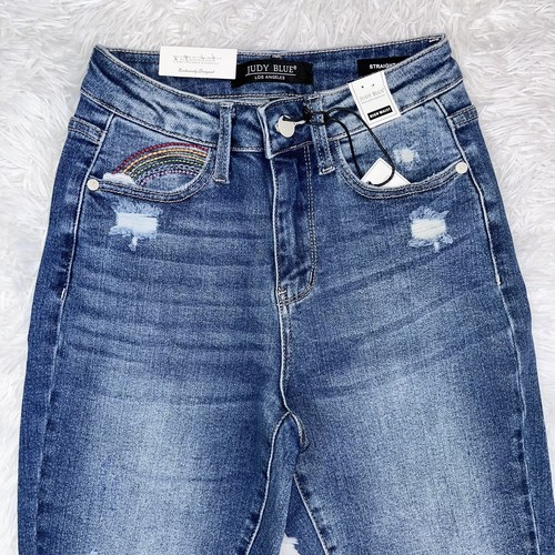 JUDY BLUE High Waist Rainbow Crop Distressed Straight Leg Blue Jeans 0/24 NWT - Picture 5 of 15