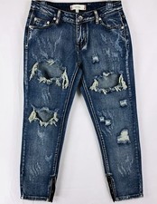 Signature Eight Women's Jeans Size M Blue Denim Destroyed Zipper Tapered Leg