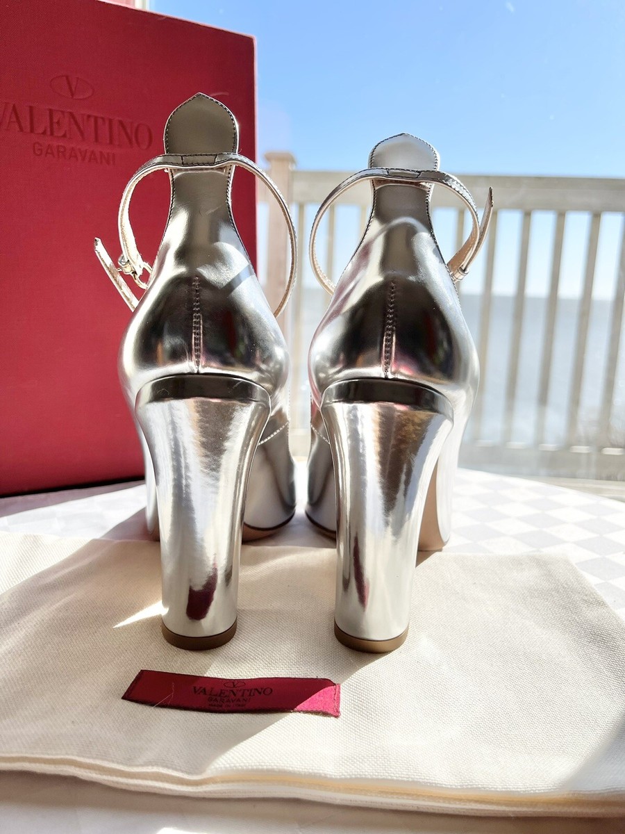 Valentino Garavani Tango Argento Patent Leather Ankle-Strap Block