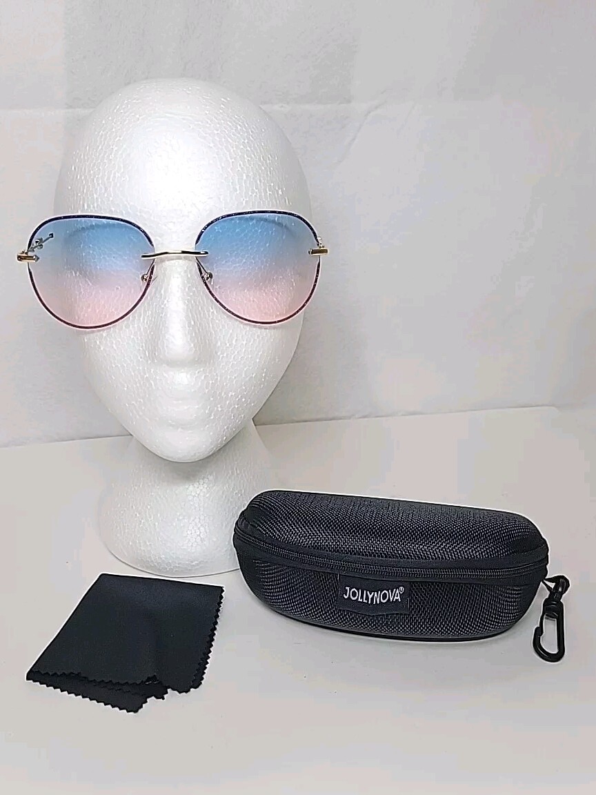 Jollynova Aviator Sunglasses Pink Blue Gradient Ombre Hard Case & Cleaning Cloth-image