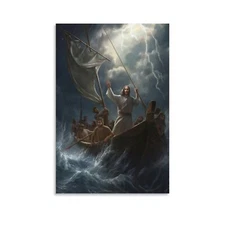 Jesus Christ On Boat Calms The Storm Canvas Painting Wall Art Home Dec