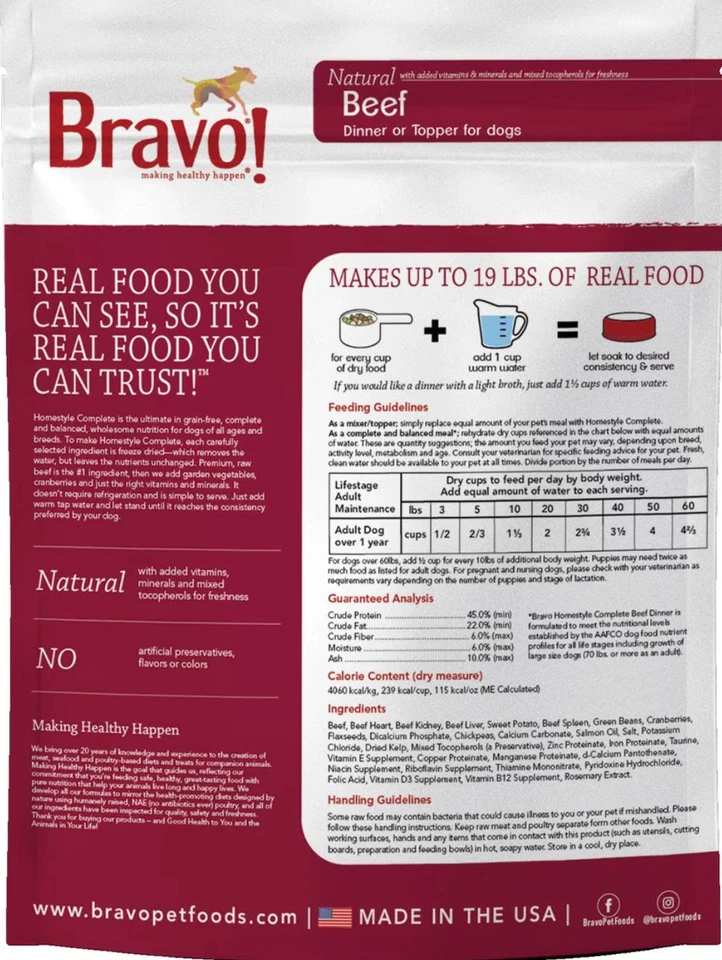 Bravo! Homestyle Complete Beef Dinner Grain-Free Freeze-Dried Dog Food 4lb - Image 2 of 3