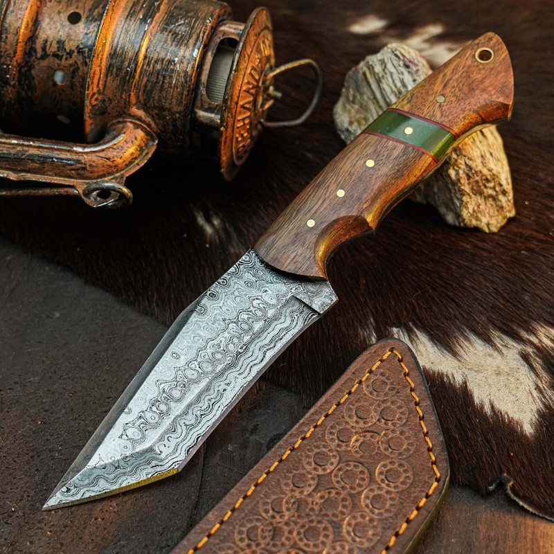 9.0" Tanto EDC Knife Damascus Fixed Blade Wood Handle Full Tang + Sheath