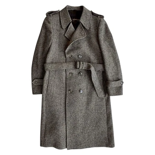 Vintage Yves Saint Laurent Overcoat Navy Wool Belted  Herringbone Coat Men 38/40 - product listing photo