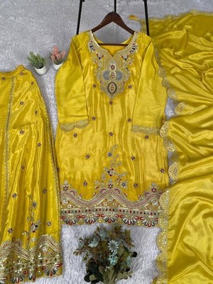 Beautiful Organza Silk Yellow Palazzo Suit With Dupatta For Haldi Function Wear