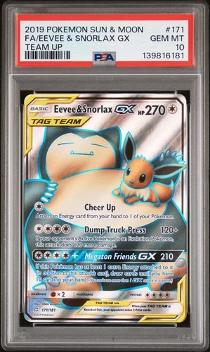 2019 POKEMON SUN & MOON TEAM UP #171 FULL ART/EEVEE & SNORLAX GX PSA 10