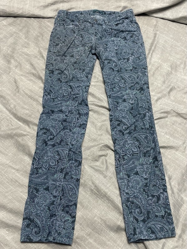 Prana Women's Blue Paisley Corduroy Skinny Pants Size 8 Organic Cotton