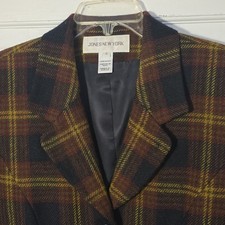 Jones New York Wool Blazer Size 6 Plaid Browns  Gold Lined