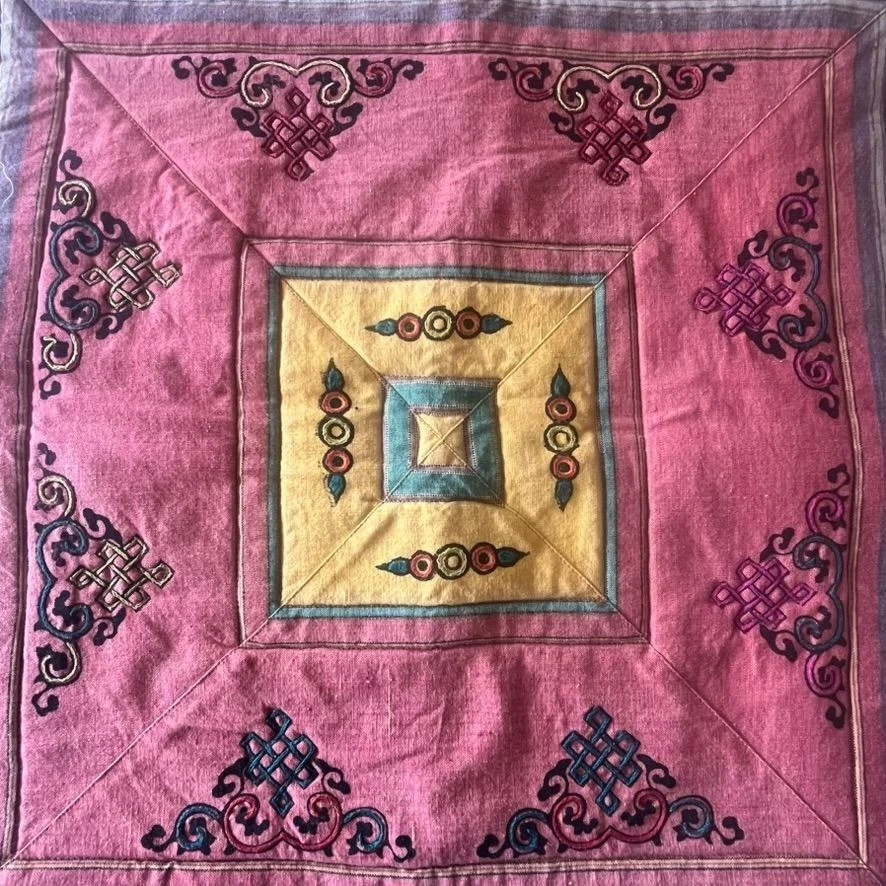 Vintage Tibetan Embroidered Sham Cushion Cover 25x25" Tassels Asian Multicolor - Image 2 of 4