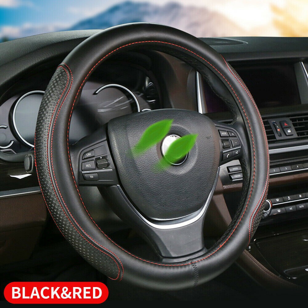 Black Red Leather Auto Car Steering Wheel Cover Good Grip 15"/38cm Accessories
