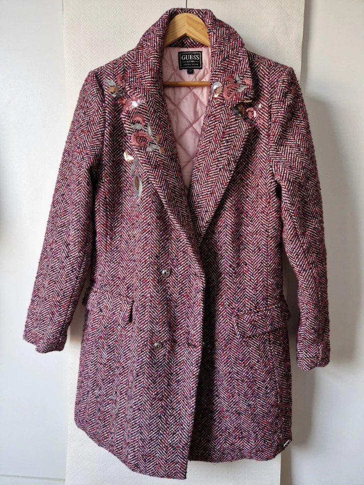 Guess 16 Herringbone Twill Wool Blend Jacket Peacoat Pink Mix Sequins Womens - Image 2 of 4