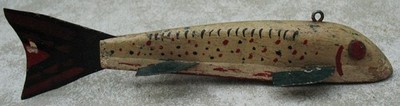 Unsigned Dewey Duey Johnson Ice Spear Fishing Decoy w Side Tuning Weight FolkArt