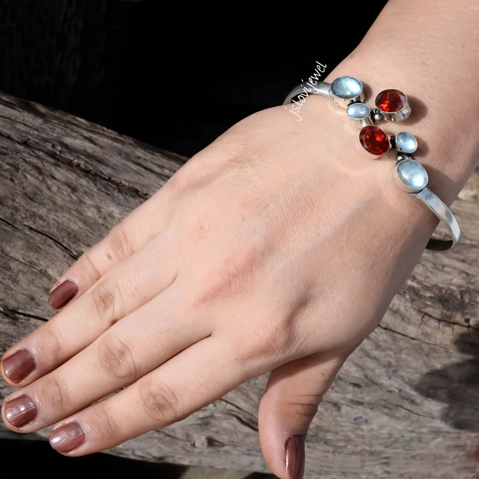 Labradorit & facettierter Granat Edelstein 925 Sterling Silber Manschette Mod... - Bild 3 von 4