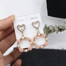Pink Flower Dangle Drop Earrings,Pearl Hoop Earrings,Love Heart Earrings,Gifts