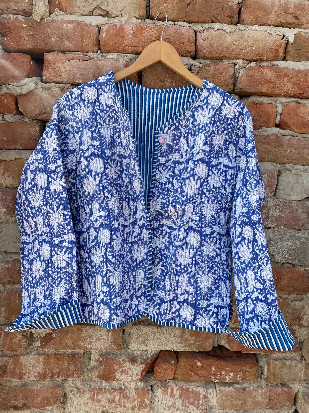 Indian Royal Blue Floral Cotton Quilted Unisex Jacket Women's Clothing Jacket AU