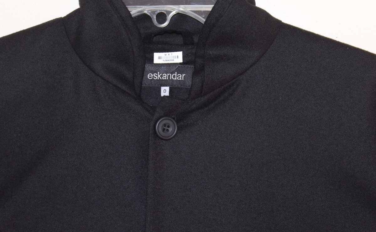 Eskandar Sz 0 Brilliant Black Double-Collar Wool Flannel Oversize