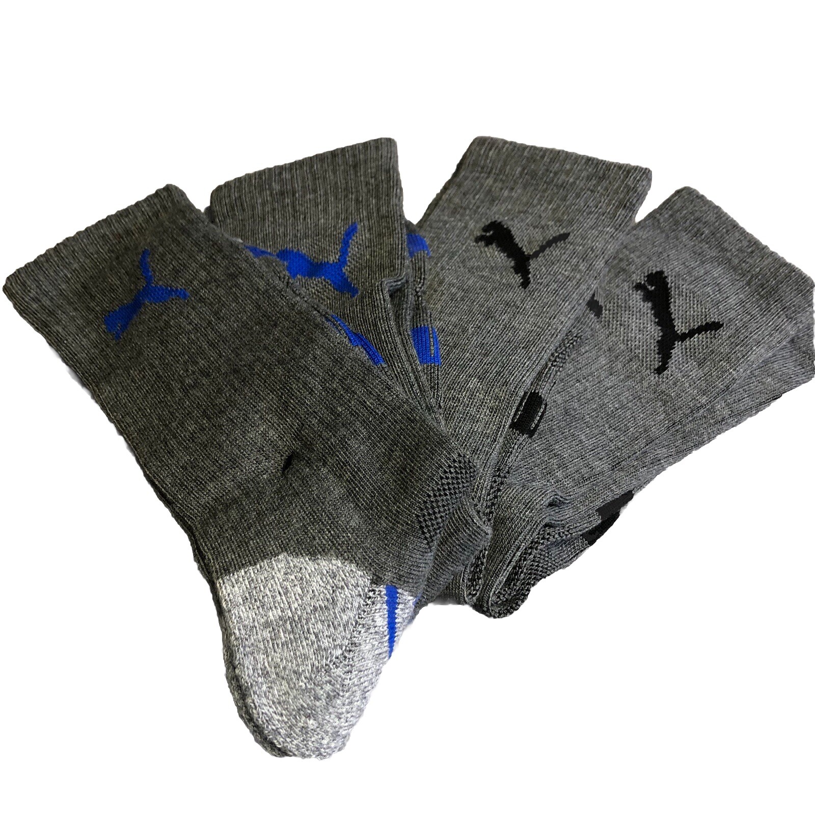 Puma Socks Men’s 6-12 Pack Of 8 Gray Black Blue Stripes NEW Padded High Socks