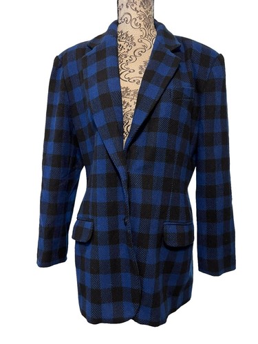 Vtg 90s GAP Blazer Jacket Wool Blend Blue Grey Plaid M | eBay