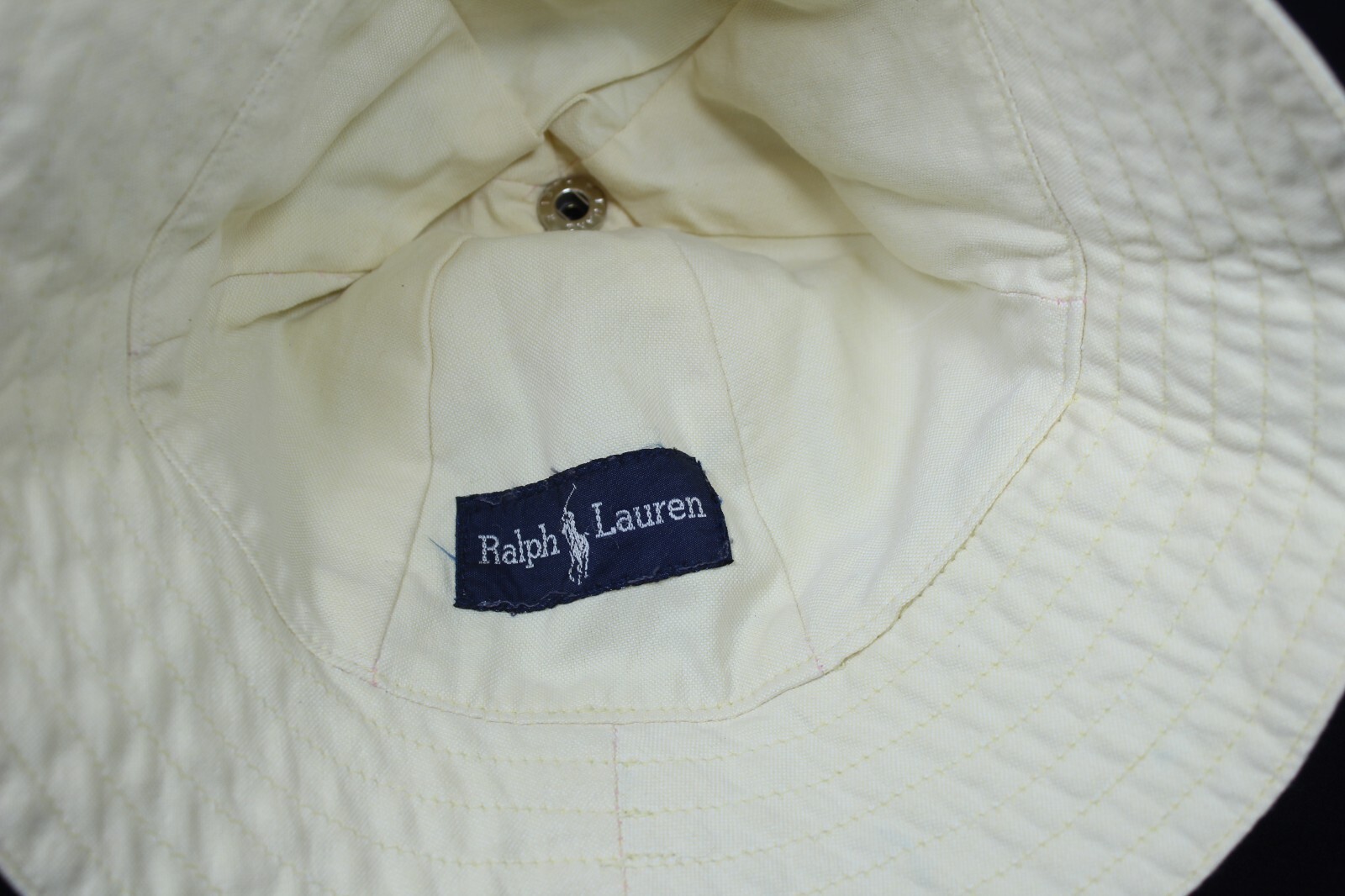 Cappello Ralph Lauren giallo panna secchiello etichetta blu marrone pony bambino taglia unica