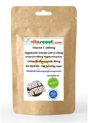 VITASCOUT.COM Vitamin C 1000mg 540 Tabletten+ Citrus Bioflavonoide 40mg+ Rosehips Extrakt 20mg