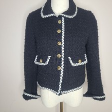 Edward Achour Paris Wool Blend Cropped Boucle Tweed Jacket Size 40 Black White