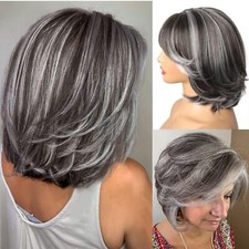 Short Straight Gray Wigs Natural Grey Higglight Synthetic Wigs No Lace Soft Wigs
