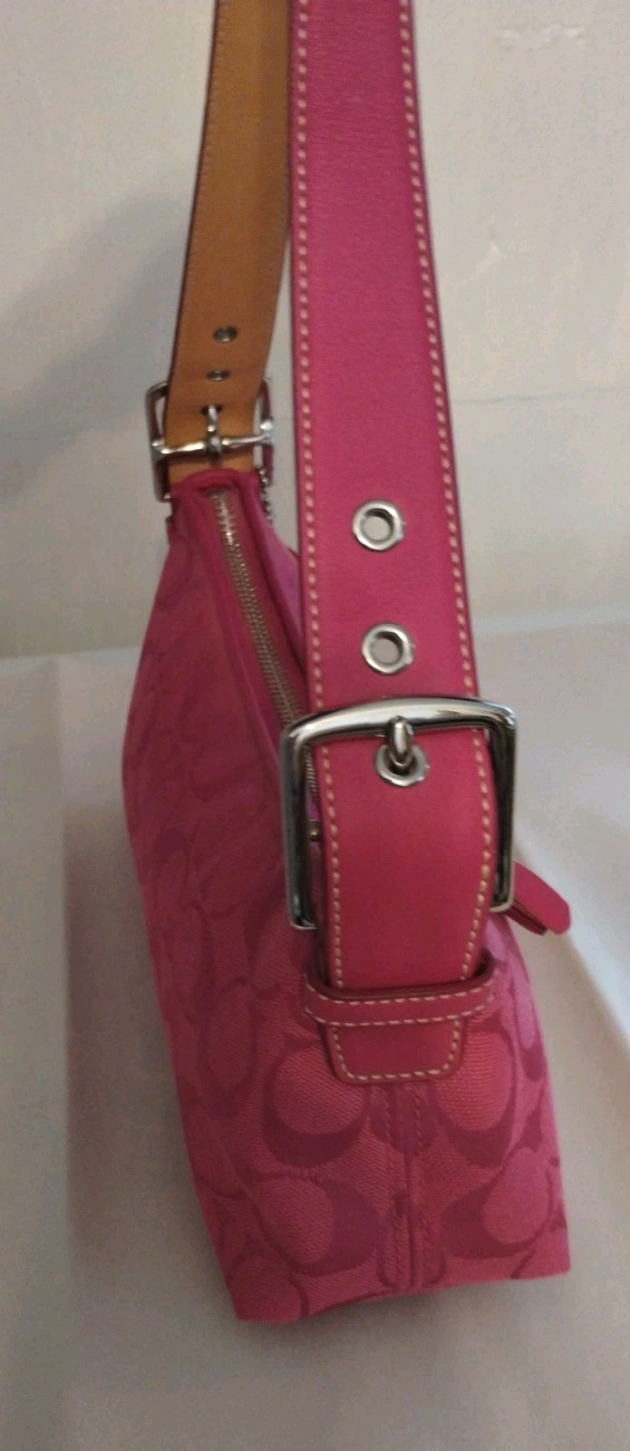 COACH Hampton Semi Demi Pink Leather Canvas Baguette Bag Vintage Authentic image 9