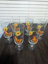 6 Hand Painted Rooster Footed Glasses Goblets with Sunflower
