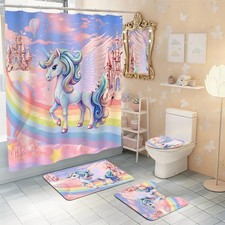 Girl Unicorn Shower Curtain Sets with Memory Rugs, Unicorn Bathroom Sets with...