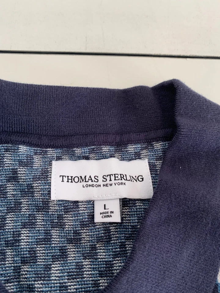 Camisa Polo Thomas Sterling Grande Azul Tejido Geométrico Retro Preppy Golf Informal Foto 4 de 4