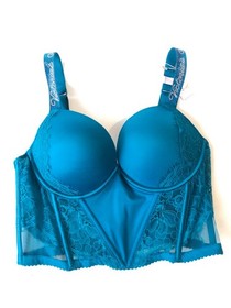 Victoria's Secret Shine Strap Logo Push-Up Corset Bra Evening Tide Aqua Blue NWT