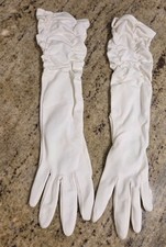 Vintage Womens Size M/ L White Nylon Stretch Formal 14" Long Gloves Ruched
