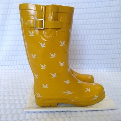 Rain Boots Galoshes Yellow with White Birds Seagulls Bird Print Merona 7 7.5
