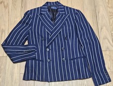 Polo Ralph Lauren Women's Navy Blue Striped Double-Breasted Linen Blazer Sz 2