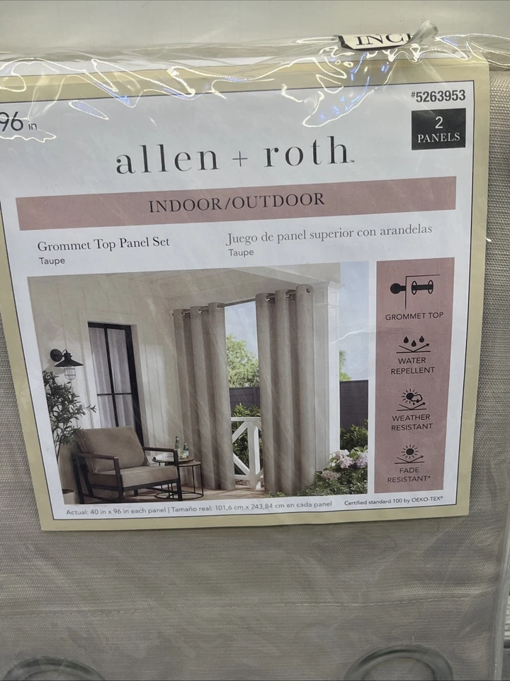 Allen + Roth 40"X96" Grommet Top 2 Curtain Panel Set TAUPE Indoor Outdoor. {19}. - Image 2 of 4