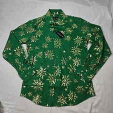 Barry Wang Long Sleeve Christmas Shirt Small Green with Gold Print 20% Silk