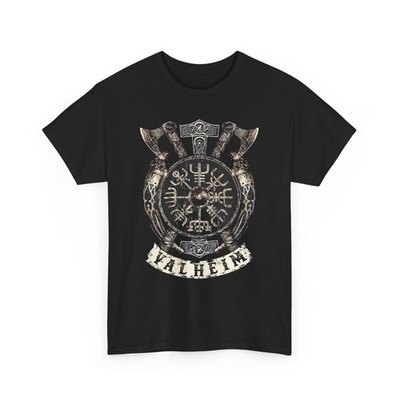Valheim Gamer T-Shirt | Valhalla Vegvisir Shield Viking Axe Norse Rune Tee