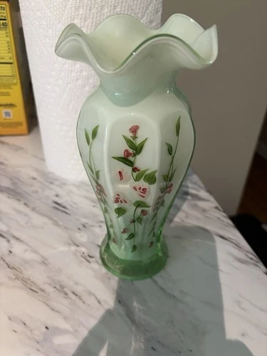 Vtg Fenton Vase 8 Inches  Ruffled Rim hand Painting Roses Infused Green