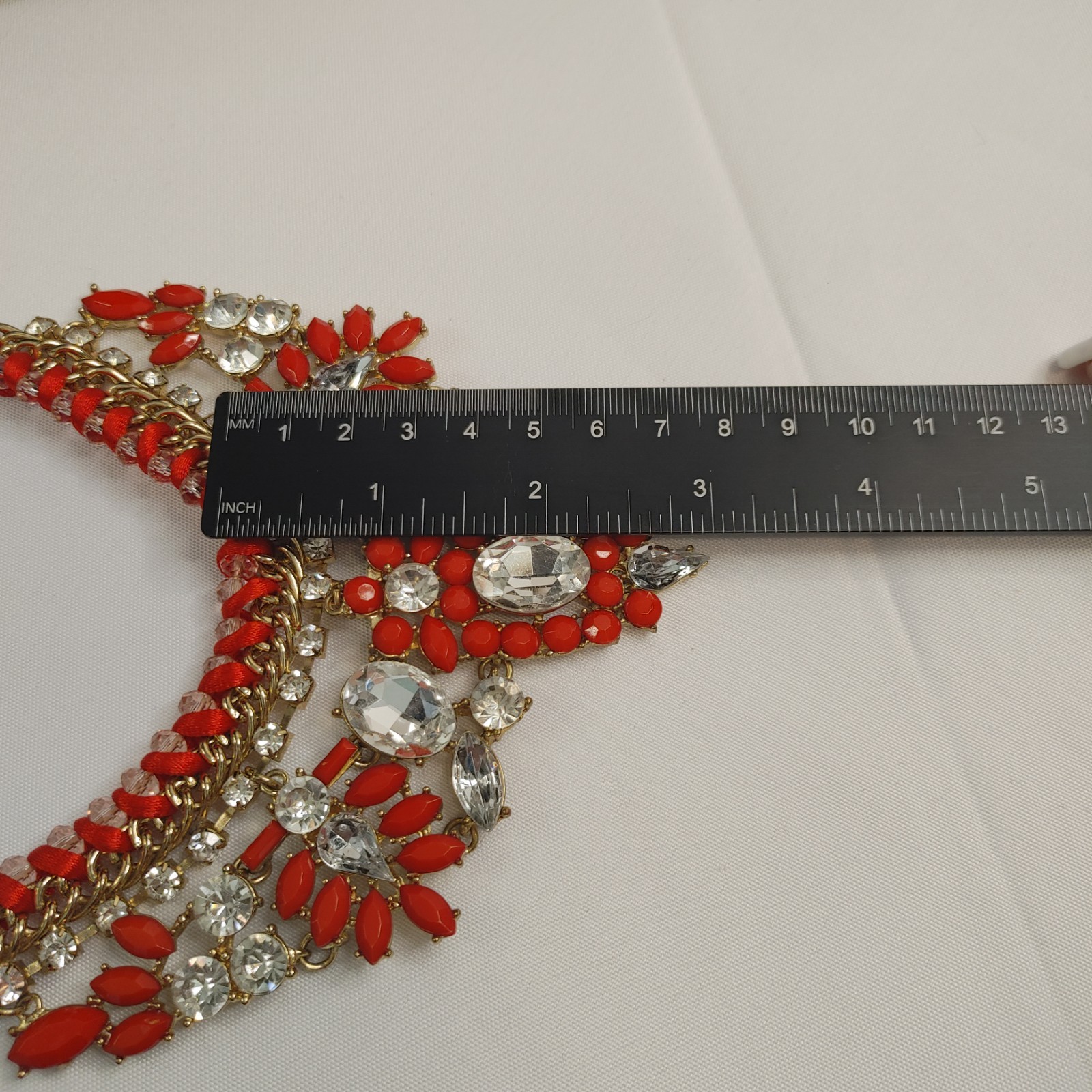 Red Orange Rhinestone Bib Statement Necklace Gold… - image 10