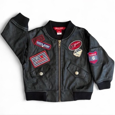 Guess Jeans Baby Bomber Jacket 6M | Faux Leather Varsity Patch Logo Retro Y2K